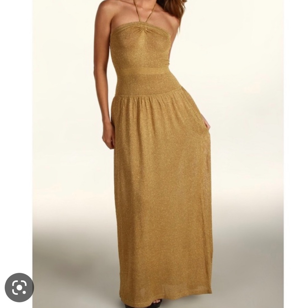 BCBGMAXAZARIA Albaneth Long Shimmery Gold Halter Summer Evening Dress